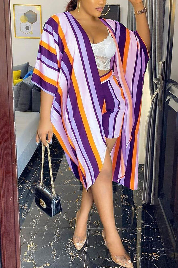 purple Fashion Casual adult Striped Patchwork Print ruffle Two Piece Suits Straight Half Sleeve Two Pieces