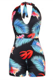Blue Fashion Sexy Print Backless Halter Regular Romper