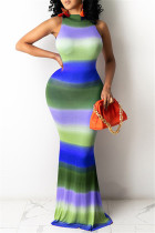 Blue Fashion Sexy Print Basic Half A Turtleneck Sleeveless Dress