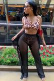 Black Elastic Fly Sleeveless Mid ruffle Mesh Straight Pants
