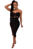 Black Fashion Sexy Off The Shoulder Sleeveless One word collar Sheath Slim Dress Mid-Calf Stripe