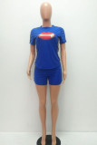 Blue Fashion Casual Patchwork Print Two Piece Suits pencil Short Sleeve Two Pieces