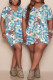 Blue Fashion Casual Plus Size Print Basic V Neck Short Sleeve Dress