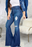 Dark Blue Denim Button Fly Sleeveless High Animal Prints Solid Hole washing Old Boot Cut Pants Bottoms
