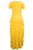 Yellow Fashion Casual Solid Slit O Neck Tops
