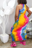 purple Sexy Tank Sleeveless O neck Slim Dress Ankle-Length Print Tie and dye Dresses