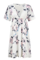White Sexy Fashion Cap Sleeve Short Sleeves V Neck A-Line Knee-Length Patchwork Print 