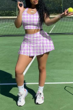 Purple Sexy Plaid Patchwork U Neck Sleeveless Two Pieces