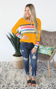 Yellow V Neck Long Sleeve Patchwork Tees & T-shirts