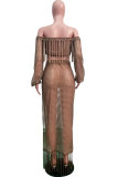 Black Sexy Fashion tassel HOLLOWED OUT perspective Patchwork A-line skirt Long Sleeve