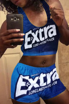 Dark Blue Fashion Sexy adult Ma'am Letter Print Two Piece Suits Straight Sleeveless Two Pieces