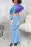 Baby Blue Sexy Solid Ripped Plus Size 