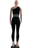 Black Casual Sportswear Letter Print Basic One Shoulder Sleeveless Two Pieces