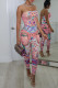 Pink Sexy Casual Print Backless Strapless Skinny Jumpsuits