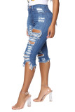 Blue Denim Button Fly Mid Patchwork Solid Hole washing Old Straight Capris Bottoms