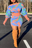 White Sexy Print Patchwork O Neck Long Sleeve Two Pieces