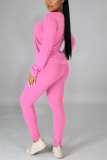 Red Casual Solid Basic O Neck Long Sleeve Two Pieces