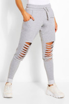 Light Gray Sportswear Solid Ripped Skinny Mid Waist Pencil Bottoms
