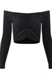 Red One word collar Long Sleeve Solid Slim fit Patchwork crop top 