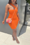 Rose Red Sexy Solid Patchwork One Shoulder Pencil Skirt Dresses