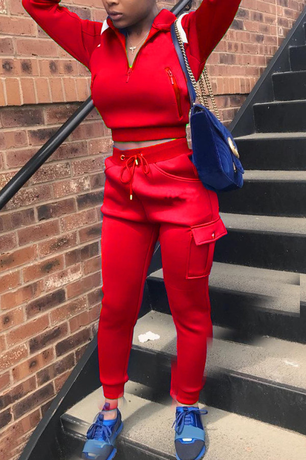 Red Fashion Casual Patchwork Solid Patchwork Turndown Collar Long Sleeve Two Pieces