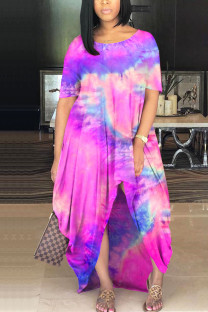 Deep pink Milk. Fashion adult Ma'am Street Cap Sleeve Short Sleeves O neck Princess Dress Floor-Length Print Tie and dye asymmetrical Dresses