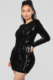 Black Celebrities Cap Sleeve Long Sleeves O neck Step Skirt skirt Solid Long Sleeve Dresses