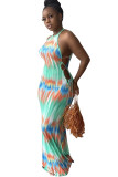 Green Milk. Fashion adult Ma'am Street Green Off The Shoulder Sleeveless Halter Neck Step Skirt Floor-Length Print Dresses