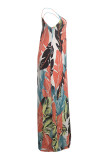 Navy Blue Casual Off The Shoulder Sleeveless Slip Swagger Floor-Length Print Patchwork