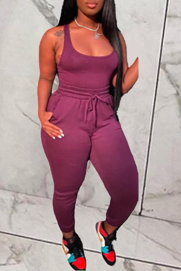 Purple Casual Solid Patchwork U Neck Sleeveless Two Pieces