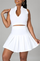 White Fashion Casual Solid Vests Zipper Collar Sleeveless Two Pieces