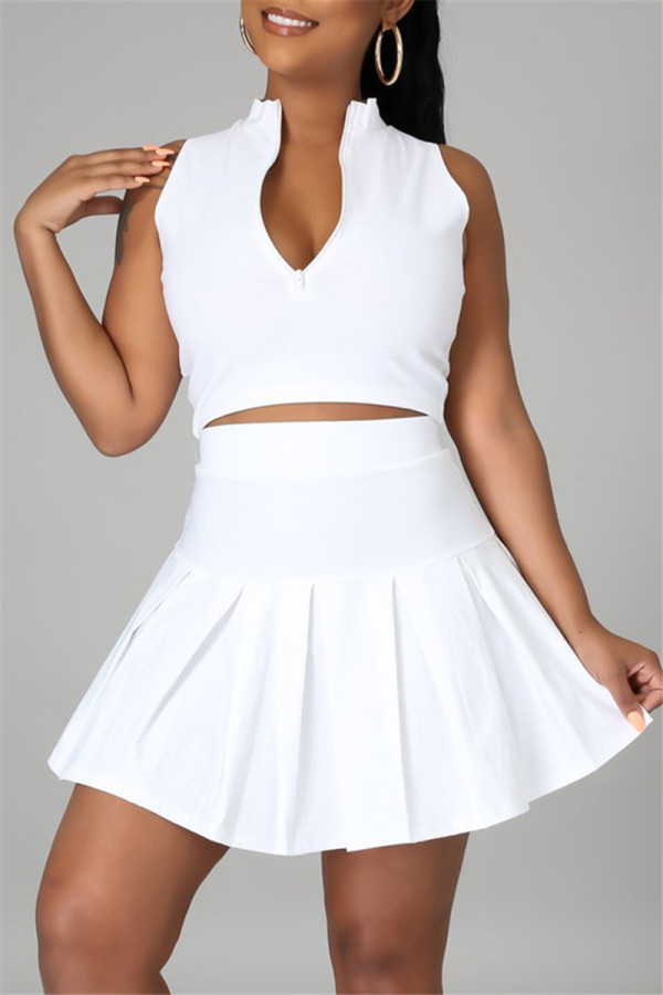White Fashion Casual Solid Vests Zipper Collar Sleeveless Two Pieces