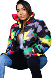 Green Turtleneck Camouflage Print Zippered Patchwork Spandex Print Long Sleeve Blazer & Suits &Jacket