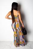 Blue Fashion Casual Draped Print Striped Sleeveless Slip Jumpsuits