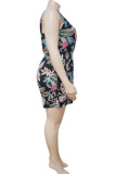 Black Casual Print Bandage Patchwork V Neck Plus Size Jumpsuits