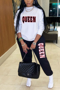 Black and white Fashion Casual Letter Print Letter O Neck Long Sleeve Two Pieces