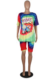 Yellow Casual Print Patchwork O Neck Short Sleeve Two Pieces
