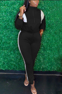 Black Casual Solid Patchwork Zipper Collar Long Sleeve Two Pieces