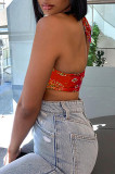 Red Fashion Sexy Print Bandage Backless Halter Tops