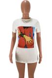 White O Neck Short Sleeve Patchwork Print Tees & T-shirts