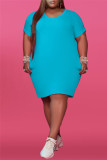 Light Blue Fashion Casual Plus Size Solid Basic V Neck Short Sleeve Dress