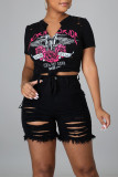 Black Fashion Casual Print Ripped V Neck T-Shirts