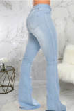 Light Blue Denim Zipper Fly Mid Solid washing Boot Cut Pants Bottoms