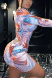 Multicolor Sexy Print O Neck Wrapped Skirt Dresses