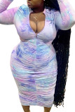Blue Europe and America Ma'am OL V Neck Print Draped Gradient Plus Size