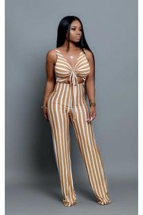Yellow Fashion Sexy bandage Asymmetrical Hollow Striped Sleeveless Slip Jumpsuits