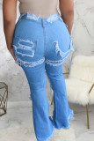 Light Blue Denim Zipper Fly High Hole washing Boot Cut Pants Bottoms