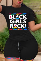 Black Fashion Active adult Letter Patchwork Print Two Piece Suits Straight Short Sleeve Two Pieces