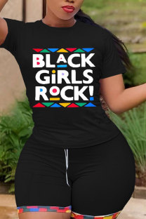 Black Fashion Active adult Letter Patchwork Print Two Piece Suits Straight Short Sleeve Two Pieces