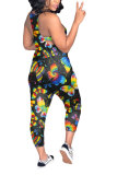 Black Fashion street Print Patchwork Hollow Sleeveless Slip Jumpsuits